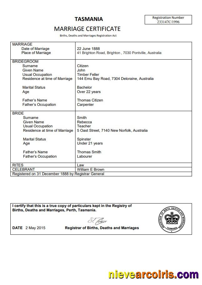 Australia Tasmania marriage certificate